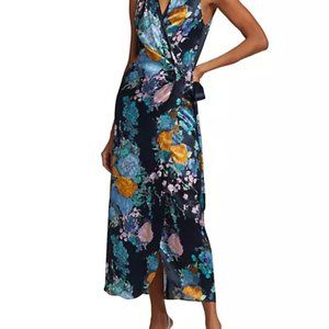 Vince Painted Bouquet Draped-Pleat Midi Wrap Dress NWOT size L